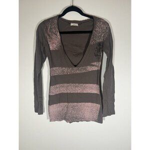 Vintage Y2K YAG gray v-neck striped retro Ed Hardy style grunge tshirt M